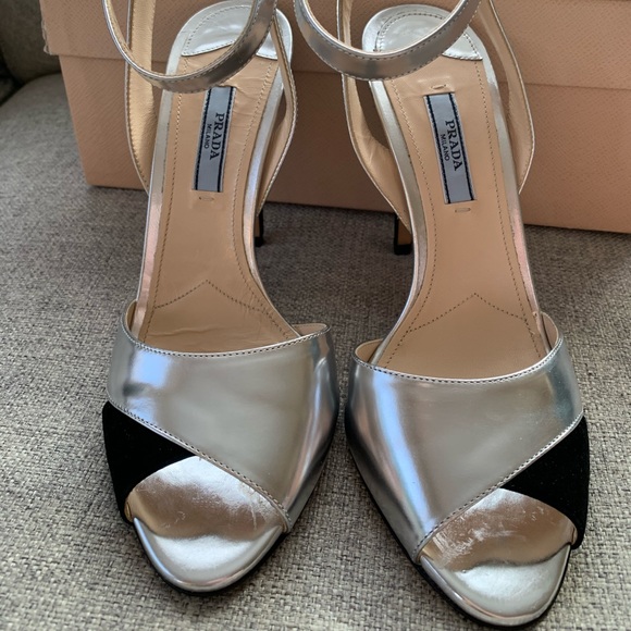 Prada Suede & Metallic Leather Ankle Strap Sandals - Picture 2 of 8